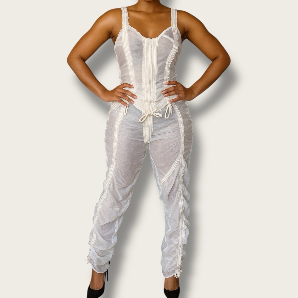 OMO‎ Norma Kamali Nylon Parachute Ruched Pants & Corset Tank Top Set Sheer Sz 4